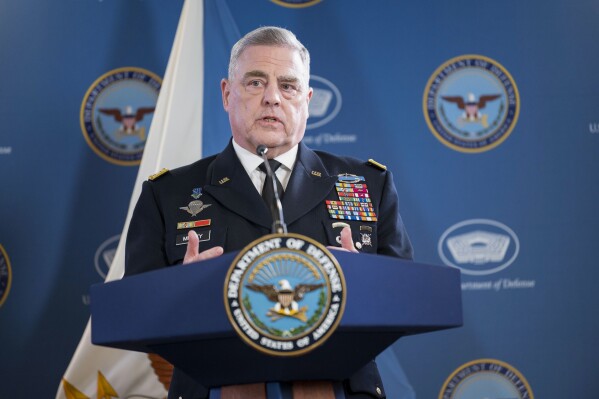Chairman of the Joint Chiefs of Staff Gen. Mark Milley holds a press briefing with Defense Secretary Lloyd Austin at the Pentagon on Thursday, May 25, 2023 in Washington. (AP Photo/Kevin Wolf)