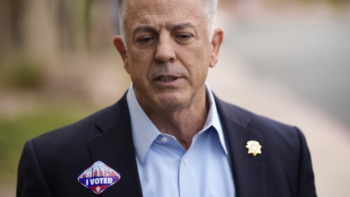 FILE - Joe Lombardo, Clark County sheriff and Republican candidate for Nevada governor, speaks with the media after voting, Nov. 3, 2022, in Las Vegas. Lombardo faces a $20,000 fine and a censure after a hearing Tuesday, July 25, 2023, but avoided the nearly $1.67 million in fines for wearing his sheriff’s uniform and badge while on the campaign trail, a violation that a state ethic’s board said uses government resources for his personal campaign, but not nearly to the extent that the state ethics commission had argued. (AP Photo/John Locher, File)