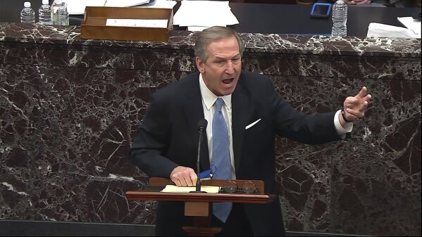 In this image from video, Michael van der Veen, an attorney for former President Donald Trump, speaks about the motion to call witnesses during the second impeachment trial of former President Donald Trump in the Senate at the U.S. Capitol in Washington, Saturday, Feb. 13, 2021. (Senate Television via AP)