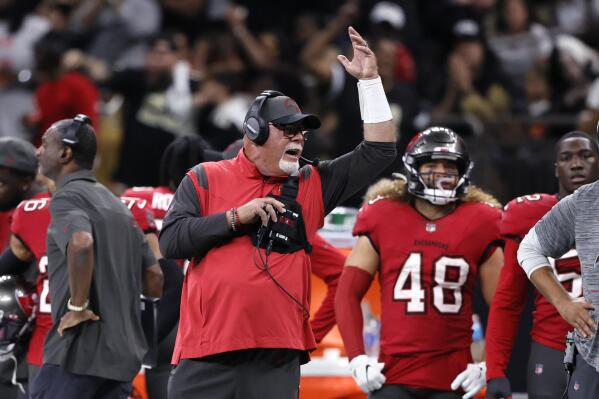 Tampa Bay Buccaneers head coach Bruce Arians reacts in the second half of an NFL football game against the New Orleans Saints in New Orleans, Sunday, Oct. 31, 2021. (AP Photo/Butch Dill)