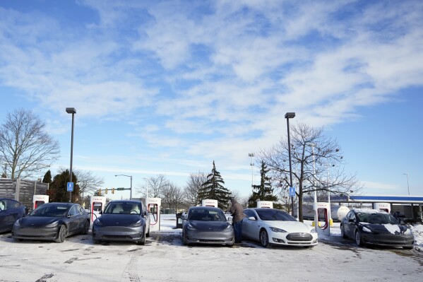 Tesla vehicles charge sit at a charging station, Wednesday, Jan. 17, 2024, in Ann Arbor, Mich. A subzero cold snap across the nation has exposed a big vulnerability for electric vehicle owners. It's difficult to charge the batteries in single-digit temperatures. Experts say it's simple chemistry, that the electrons move slowly and don't take in or release as much energy.(AP Photo/Carlos Osorio)