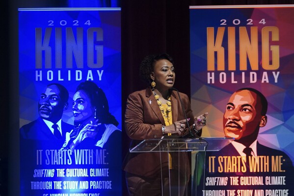 Bernice King daughter of Martin Luther King Jr., speaks during a news conference at the King Jr Center Thursday, Jan. 4, 2024, in Atlanta. (AP Photo/John Bazemore)