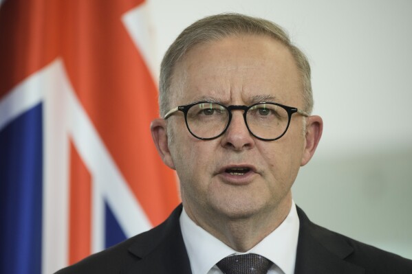 FILE - Australian Prime Minister Anthony Albanese briefs the media during a joint news conference with German Chancellor Olaf Scholz after a meeting at the chancellery in Berlin, Germany, Monday, July 10, 2023. Albanese said Tuesday, Aug. 1, 2023, his government stands firm against the United States over the prosecution of WikiLeaks founder Julian Assange, an Australian citizen fighting extradition from Britain on U.S. espionage charges.(AP Photo/Markus Schreiber, File)