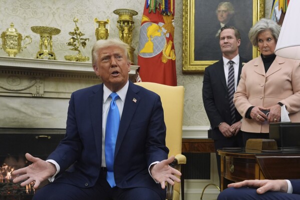 White House national security adviser Mike Waltz and White House chief of staff Susie Wiles listen as President Donald Trump meets with Israel's Prime Minister Benjamin Netanyahu in the Oval Office of the White House, Tuesday, Feb. 4, 2025, in Washington. (AP Photo/Evan Vucci)