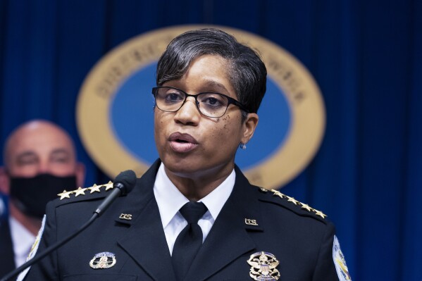 FILE - Then U.S. Park Police Chief Pamela Smith discusses preparations for the 2022 State of the Union Address during a news conference, Feb. 28, 2022, in Washington. Smith is now the new chief of the Metropolitan Police Department. (AP Photo/Alex Brandon, File)