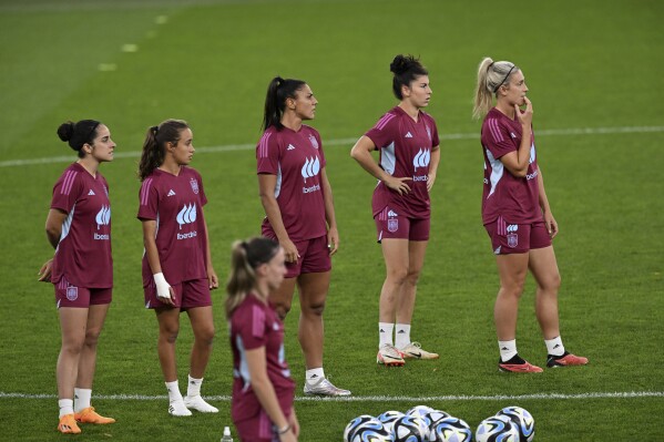 Spain's women's national soccer team during a training session in Gothenburg, Sweden, ahead of the UEFA Nations League soccer match against Sweden, Thursday, Sept. 21, 2023. (Bjorn Larsson Rosvall/TT News Agency via AP)