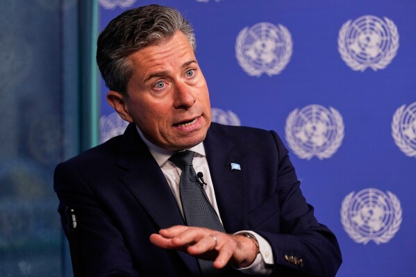 U.N. humanitarian chief Tom Fletcher responds to questions during an interview with The Associated Press at United Nations headquarters, Wednesday, May 14, 2025. (AP Photo/Richard Drew)
