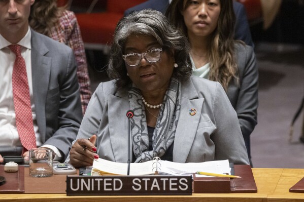 U.S. Ambassador to the U.N. Linda Thomas-Greenfield speaks during a Security Council meeting at United Nations headquarters, Friday, Sep. 27, 2024. (AP Photo/Yuki Iwamura)