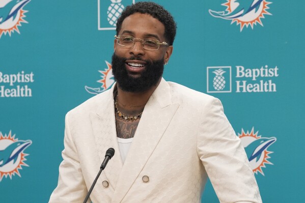 Odell Beckham Jr. speaks during an NFL football news conference, Wednesday, May 15, 2024, in Miami Gardens, Fla. Beckham, a wide receiver, signed a one year contract with the Miami Dolphins. (AP Photo/Marta Lavandier)