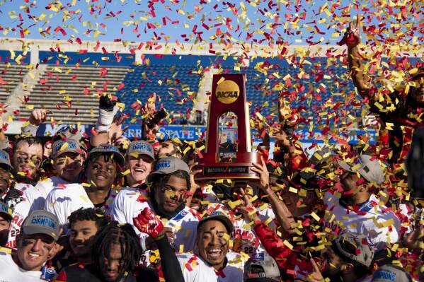 Ferris State players celebrate after winning the NCAA Division II college football championship against the Colorado School of Mines, Saturday, Dec. 17, 2022, in McKinney, Texas. (AP Photo/Emil T. Lippe, File)