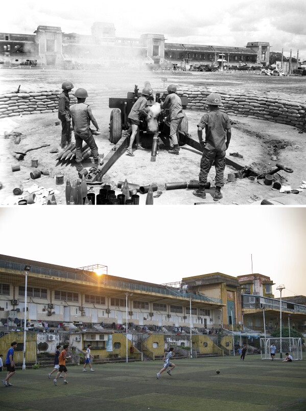 This combination of photos shows Vietnamese artillerymen prepare to reload a 105 mm gun after firing a round into a nearby area at the Phu Tho racetrack in western Saigon on May 6, 1968, top, and the same location which is now the Phu Nhuan Sports Center in Ho Chi Minh City on April 18, 2025. (AP Photo/Eddie Adams, Thanh Hue)