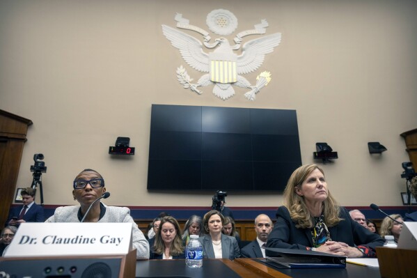Harvard President Claudine Gay, left, speaks as University of Pennsylvania President Liz Magill listens during a hearing of the House Committee on Education on Capitol Hill, Tuesday, Dec. 5, 2023 in Washington. (APPhoto/Mark Schiefelbein)