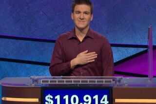 
              This image made from video aired on "Jeopardy!" on Tuesday, April 9. 2019, and provided by Jeopardy Productions, Inc. shows James Holzhauer.  The 34-year-old professional sports gambler from Las Vegas won more than $110,000 on "Jeopardy!" on Tuesday, breaking the record for single-day cash winnings. (Jeopardy Productions, Inc. via AP)
            