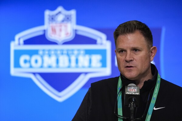FILE - Green Bay Packers general manager Brian Gutekunst speaks during a press conference at the NFL football scouting combine in Indianapolis, Tuesday, Feb. 27, 2024. The Green Bay Packers made a big investment in their secondary by signing safety Xavier McKinney away from the New York Giants. It wouldn’t be a surprise if the Packers address that area again early in the draft. “I think it’s a pretty good safety class this year,” Packers general manager Brian Gutekunst said at the NFL owners’ meetings. (AP Photo/Michael Conroy, File)