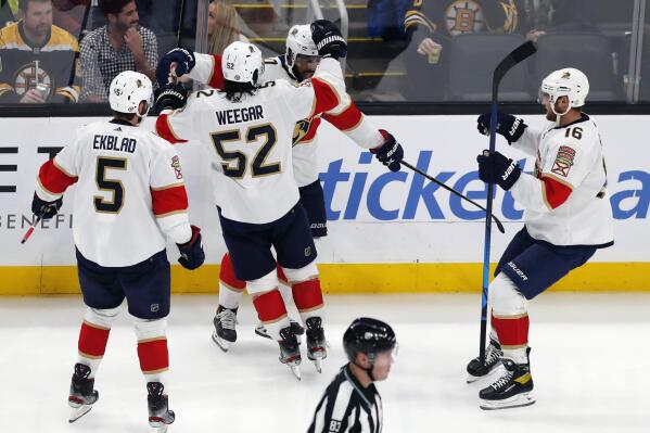 Florida Panthers' Anthony Duclair, center right, celebrates his goal with Aaron Ekblad (5), MacKenzie Weegar (52) and Aleksander Barkov (16) during the second period of an NHL hockey game against the Boston Bruins, Saturday, Oct. 30, 2021, in Boston. (AP Photo/Michael Dwyer)