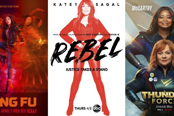 This combination of photos shows promotional art for "Kung Fu," a TV series premiering April 7 on The CW, left, "Rebel," a TV series premiering April 8 on ABC, center, and the film "Thunder Force," a comedy premiering April 9 on Netflix. (The CW/ABC/Netflix via AP)
