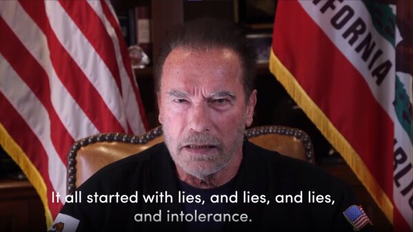 This Sunday, Jan. 10, 2021, image from a video released by Schwarzenegger shows former Republican California Gov. Arnold Schwarzenegger delivering a public message at his home in Los Angeles. Schwarzenegger compared the mob that stormed the U.S. Capitol to the Nazis and called President Donald Trump a failed leader who “will go down in history as the worst president ever.” (Frank Fastner/Arnold Schwarzenegger via AP)