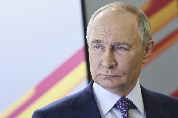 Russian President Vladimir Putin visits the Victory Museum on Poklonnaya Gora in Moscow, Russia, Wednesday, April 30, 2025. (Alexander Kazakov, Sputnik, Kremlin Pool Photo via AP)