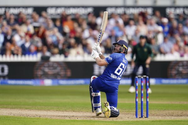 England's Phil Salt hits a six during the third Metro Bank one day international at the Seat Unique Stadium, Bristol, England, Tuesday Sept. 26, 2023. (Nick Potts/PA via AP)