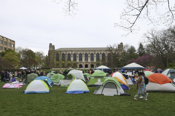 A tent encampment is seen at Northwestern University on Friday, April 26, 2024, in Evanston, Illinois. Students want the university to divest from funds connected to Israel or that profit from its war in Gaza. (AP Photo/Teresa Crawford)