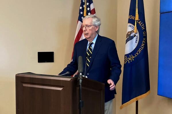 Senate Republican leader Mitch McConnell speaks about the federal response to catastrophic flooding in eastern Kentucky on Monday, Aug. 29, 2022, in Frankfort, Ky. McConnell said he's far from satisfied with the response, but acknowledged communication problems have complicated outreach to flood victims. (AP Photo/Bruce Schreiner)