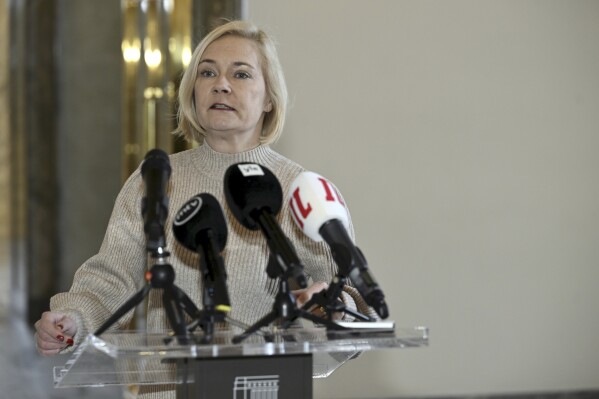 Finnish Interior Minister Mari Rantanen during press conference on the situation of the eastern border stations of Finland in Helsinki Thursday, Feb. 8, 2024. Finland will continue the closure of the eastern border stations until April 14, 2024. (Heikki Saukkomaa/Lehtikuva via AP)