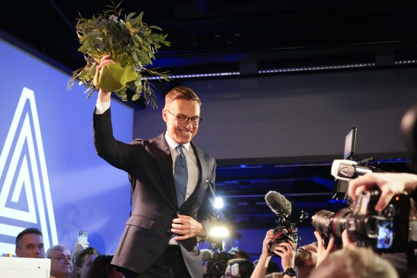 National Coalition Party candidate Alexander Stubb celebrates after winning the second round of the presidential election during an election party night, Sunday, Feb. 11, 2024, in Helsinki. Ex-Prime Minister Stubb has narrowly won Finland's presidential election runoff on Sunday against former Foreign Minister Pekka Haavisto. (AP Photo/Sergei Grits)