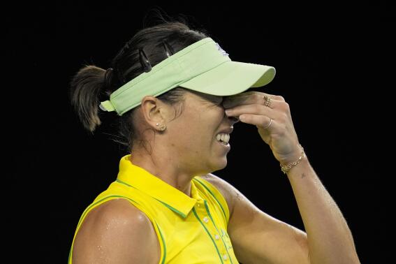 FILE - Australia's Ajla Tomljanovic reacts during her final match of the Billie Jean King Cup tennis finals against Switzerland's Belinda Bencic, at the Emirates Arena in Glasgow, Scotland, Sunday, Nov. 13, 2022. The new Netflix docuseries about professional tennis is launching shortly before the start of the Australian Open. Tomljanovic, an Australian player who beat Williams at the U.S. Open in the 23-time major champion’s final match, offers insight into the grind of the job. (AP Photo/Kin Cheung, File)
