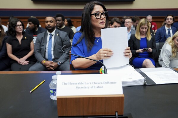 Secretary of Labor Lori Chavez-DeRemer arrives before a House Education and Workforce hearing, Thursday, June 5, 2025, on Capitol Hill in Washington. (AP Photo/Julia Demaree Nikhinson)