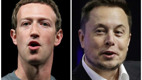 This combo of file images shows Facebook CEO Mark Zuckerberg, left, and Tesla and SpaceX CEO Elon Musk. Elon Musk and Mark Zuckerberg are ready to fight, offline. In a now-viral back-and-forth seen on Twitter and Instagram this week, the two tech billionaires seemingly agreed to a “cage match” face off. (AP Photo/Manu Fernandez, Stephan Savoia)