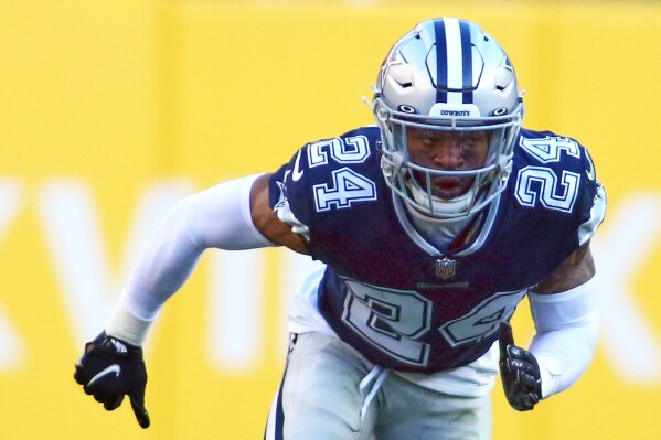 Dallas Cowboys cornerback Kelvin Joseph (24) runs during an NFL football game against the Washington Football Team, Dec. 12, 2021 in Landover. (AP Photo/Daniel Kucin Jr., File)