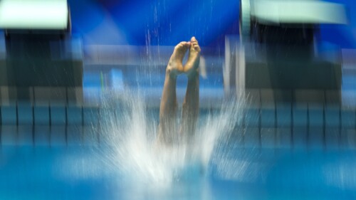 Maori Pomeroy-Farrell of Fiji dives during the 1m Springboard Men at the World Swimming Championships in Fukuoka, Japan, Friday, July 14, 2023. (AP Photo/Lee Jin-man)