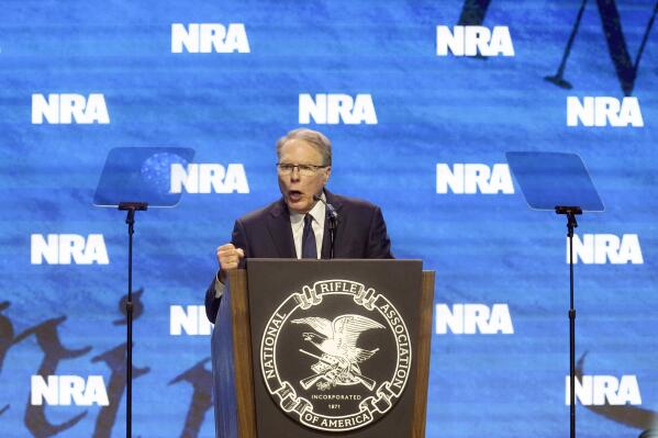 Wayne LaPierre, CEO and executive vice-president of the National Rifle Association, addresses the National Rifle Association Convention, Friday, April 14, 2023, in Indianapolis. (AP Photo/Darron Cummings)