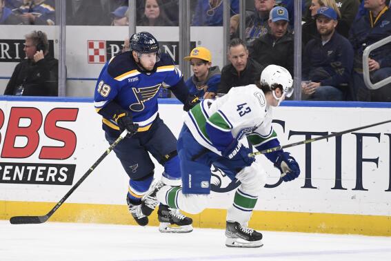 St. Louis Blues center Ivan Barbashev (49) skates against Vancouver Canucks defenseman Quinn Hughes (43) during the second period of an NHL hockey game Thursday, Feb. 23, 2023, in St. Louis. (AP Photo/Jeff Le)