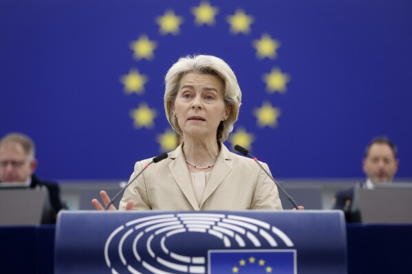 European Commission President Ursula von der Leyen delivers her speech at European Parliament Wednesday, Jan. 17, 2024 in Strasbourg, eastern France. Members of the parliament will discuss the results of the Dec. 14-15 summit, outline their expectations for the Feb.1, 2024 special European Council and assess the situation in Hungary and frozen EU funds. (AP Photo/Jean-Francois Badias)