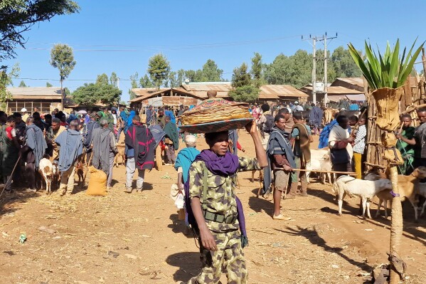 Livestock traders display their wares at a busy market town of Sangi, in the Amhara region of northern Ethiopia, Sunday, Jan. 23, 2025. (AP Photo)
