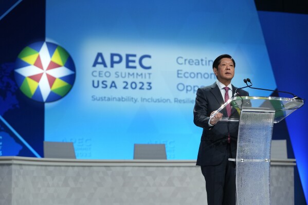 Philippines President Ferdinand Marcos Jr. speaks during the APEC CEO Summit Wednesday, Nov. 15, 2023, in San Francisco. (AP Photo/Eric Risberg)