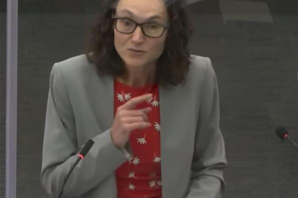 In this screen grab from video, Assistant Attorney General Erin Eldridge delivers closing arguments, Monday, Dec. 20, 2021, in former Brooklyn Center police Officer Kim Potter's trial for the April 11, 2021, death of Daunte Wright, at the Hennepin County Courthouse in Minneapolis, Minn. (Court TV via AP, Pool)