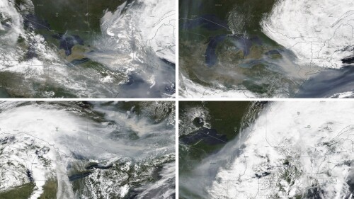 These satellite images from June 6, from top left, June 7, June 25, and June 27, 2023, show the wind movement from wildfire smoke in Quebec, Canada. Heavy smoke from wildfires in Canada has blanketed parts of the Midwest, causing hazardous air for residents, just weeks after drifting smoke did the same thing along parts of the East Coast. (NASA Worldview, (EOSDIS) via AP)