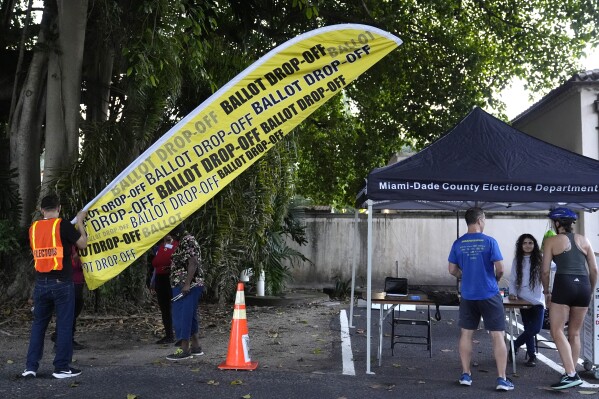 A poll worker puts up a sign for a ballot drop off location on the first day of early voting in the general election, in Miami, Oct. 21, 2024. (AP Photo/Lynne Sladky, File)