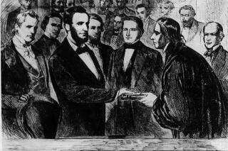 Photograph of painting shows second inauguration of Abraham Lincoln as he takes the oath of office in front of the US Capitol, Washington, DC, B&W photo.