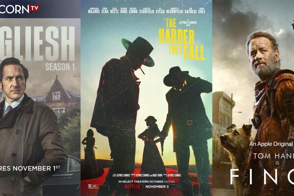 This combination of photos shows promotional art for “Dalgliesh,” a trio of two-part mysteries debuting Nov. 1, on the Acorn TV streaming service, left, the film "The Harder They Fall," premiering Nov. 3 on Netflix, center, and the film "Finch," premiering Nov. 5 on Apple TV+. (Acorn TV/Netflix/Apple via AP)