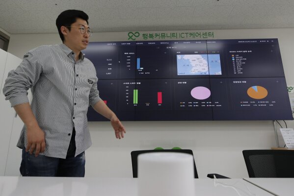 CORRECTS TITLE OF HWANG - Hwang Seungwon, director of a social enterprise that handles SK Telecom’s services, speaks in front of an electronic dashboard during an interview in Seoul, South Korea, May 13, 2020. Hwang points a remote control toward a huge NASA-like overhead screen stretching across one of the walls. With each flick of the control, a colorful array of pie charts, graphs and maps reveals the search habits of thousands of South Korean senior citizens being monitored by voice-enabled “smart” speakers, an experimental remote care service the company says is increasingly needed during the coronavirus crisis. (AP Photo/Lee Jin-man)