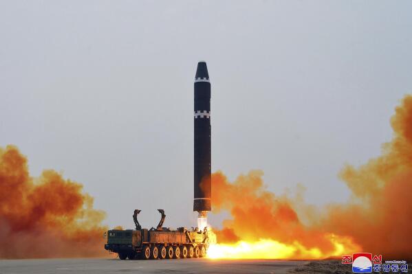 This photo provided by the North Korean government, shows what it says a test launch of a Hwasong-15 intercontinental ballistic missile at Pyongyang International Airport in Pyongyang, North Korea Saturday, Feb. 18, 2023. Independent journalists were not given access to cover the event depicted in this image distributed by the North Korean government. The content of this image is as provided and cannot be independently verified. Korean language watermark on image as provided by source reads: "KCNA" which is the abbreviation for Korean Central News Agency. (Korean Central News Agency/Korea News Service via AP)