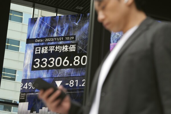 A person walks in front of an electronic stock board showing Japan's Nikkei 225 index at a securities firm Tuesday, Nov. 21, 2023, in Tokyo. Asian shares were mostly higher on Tuesday after a rally on Wall Street led by gains in Microsoft following its announcement that it was hiring Sam Altman, former CEO of OpenAI, the ChatGPT maker. (AP Photo/Eugene Hoshiko)