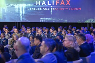 FILE - Participants from around the world attend the opening session of the Halifax International Security Forum in Halifax, Nova Scotia, Friday, Nov. 18, 2022. A Canadian security forum will present an award Saturday, Nov. 18, 2023, to the people of Israel following the Hamas incursion into the country that left some 1,200 dead and 240 abducted. (Andrew Vaughan/The Canadian Press via AP, File)