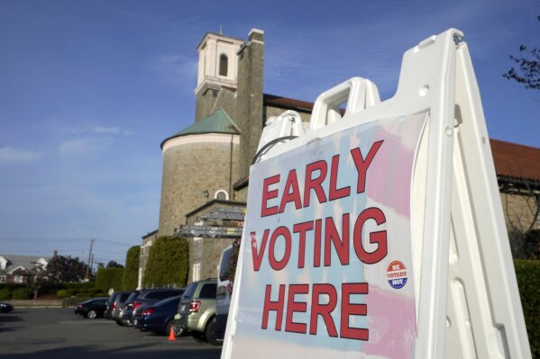 A sign stands outside Saint Anthony of Padua Church, in Revere, Mass., Monday, Oct. 19, 2020, during early in-person voting at a multiple precinct polling station in the basement of the church. (AP Photo/Steven Senne)