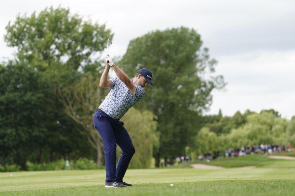 England's Justin Rose on the sixth fairway during day three of the British Masters at The Belfry, Sutton Coldfield, England, Saturday July 1, 2023. (David Davies/PA via AP)