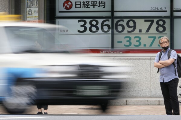 An electronic stock board shows Japan's Nikkei 225 index outside a securities firm Friday, June 7, 2024 in Tokyo. (AP Photo/Shuji Kajiyama)