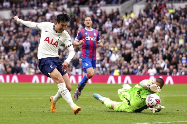 Tottenham Hotspur's Son Heung-min sees his shot saved by Crystal Palace goalkeeper Sam Johnstone during the Premier League match at the Tottenham Hotspur Stadium, London Saturday May 6, 2023. (John Walton/PA via AP)